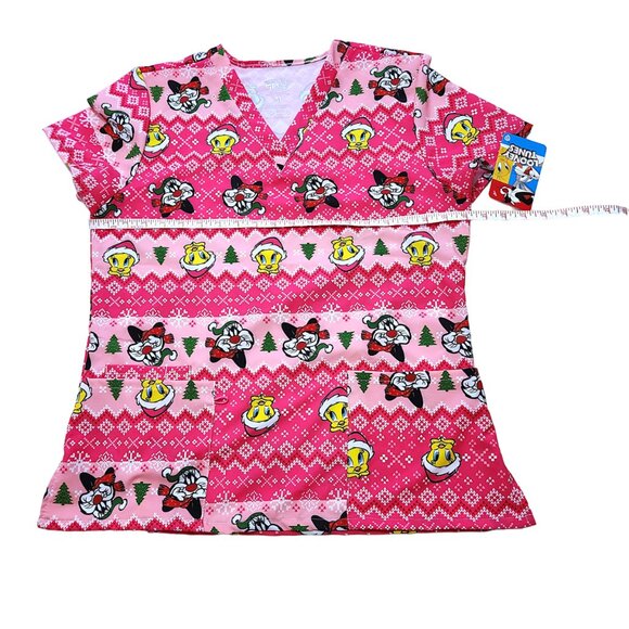 NEW Looney Tunes Tweety Bird and Sylvester the Cat Pink Christmas Scrub Top Sz M - Picture 7 of 12